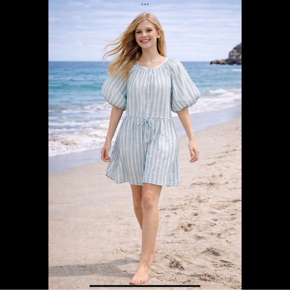 Old Navy Blue White Stripe Cotton Mini Dress XL Puff Sleeve Coastal